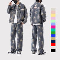 Ensemble Printemps Homme Veste et Pantalon Jacquard Délavé Vintage, Style Décontracté Respirant avec Multi-Poches, Jean Denim Décoratif