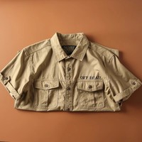 Kemeja Lengan Pendek Pria Terbaru, Kasual, Warna Solid, OFF-ROAD, Cetak Huruf, Multi-Saku, Ukuran Besar
