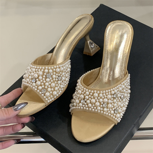 XSD Summer Pearl Decoration Ladies High Heel <b>slippers</b> New European and American Fashion Trend Outdoor Large Size 35-41 <b>slippers</b> - Product Image 1