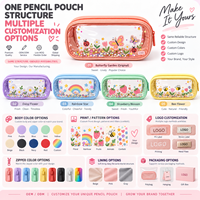 Étui à crayons en PVC transparent rose avec décorations florales et fermeture éclair supérieure pour l'école