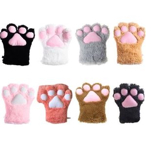 Women Girls Winter Cute Embroidered Bearpaw <b>Cat</b> Paw Half Finger <b>Plush</b> Warm Gloves - Product Image 3