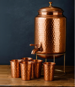 Premium Copper Hammered <b>Water</b> Dispenser 6.5 Liter <b>Water</b> Storage Tank with Tap Four Copper Drinking <b>Glasses</b> and Stand - Product Image 4