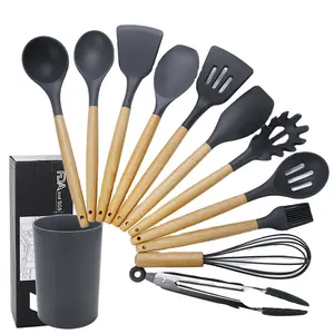 Multifunctional 11pcs Silicone Cooking Utensils with Box Wooden Handle Cooking Utensils Wood Kitchen Utensils Sets