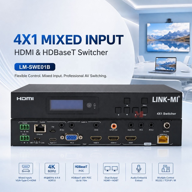 4x2 HDBaseT Switch with Type-C+VGA Input HDMI Video Switcher Support HDCP 2.2/1.4 4K60Hz HDR10 Audio RS232 TCP/IP PoC