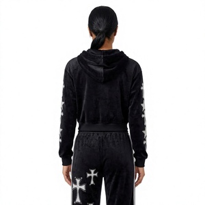 <b>Women</b> Black <b>Velvet</b> <b>Tracksuit</b> Zip Up Cropped Hoodie And Jogger Pants With Rhinestone Sleeve - Product Image 2
