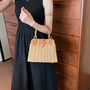 Nouveau sud-coréen simple tissé rotin dame fermeture éclair bandoulière sac à bandoulière à la mode Portable plage Polyester Vintage - Product Image 6