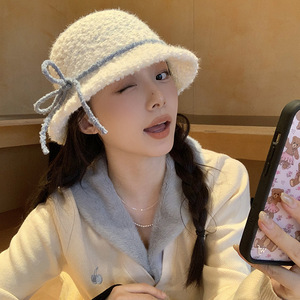 Selected Lambswool Bucket <b>Hat</b> For Women Winter <b>Warm</b> Knitted Fisherman <b>Hat</b> With Sweet Bow Japan And Korean Style Fleece Adult - Product Image 1