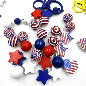 Natural Color Wood Beads Independence Day Wooden America Flag Spacer Bead for Beaded Diy Charm Bracelet Jewelry