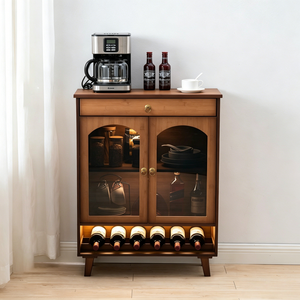 Armário de Armazenamento Minimalista em Bambu, Versátil, com Gaveta e Suporte para Vinhos, para Sala de Estar e Cozinha - Product Image 3