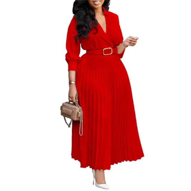 Solid Pleated Church & Career Casual Office Wear Professional Work Dress Elegant V-Neck Three Quarter Women Dresses