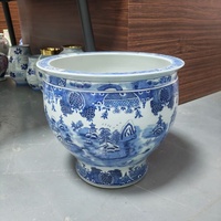 Mangkuk Ikan Besar Porselen Biru Putih Chinoiserie, Pot Keramik Lukisan Tangan Pemandangan Paviliun, Baskom Dekoratif