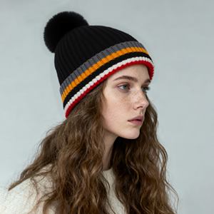 Custom Colorful Beanie Embroidery Logo Knitted <b>Hat</b> <b>Pom</b> <b>Pom</b> Striped Beanie Winter Caps with Warm Sherpa Fur Lining Headwear - Product Image 3