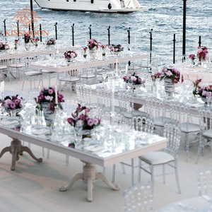 Mesa Rectangular Larga <span class=keywords><strong>para</strong></span> Banquetes de Boda, Tapa de Vidrio Azul Claro, Base Blanca, Patas Curvas, Alquiler <span class=keywords><strong>para</strong></span> Eventos de Hotel, Mobiliario Comercial - Product Image 3