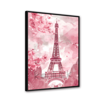 Impression d'art numérique 40x50cm : Paysage romantique moderne de la Tour Eiffel de Paris au coucher du soleil rose éclatant, encadré numérique pour décoration murale