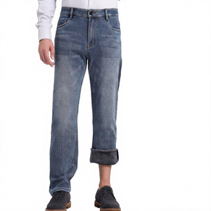 Meilleures ventes Jeans molletonnés décontractés pour homme, couleur unie, style droit avec lavage moyen, pour l'extérieur en hiver - Product Image 1