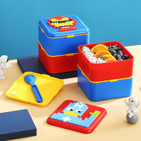 Boîte à lunch pour enfants de style blocs de construction créatifs, 2 étages, étanche, compatible micro-ondes, en PP de qualité alimentaire, avec ustensiles pour l'école