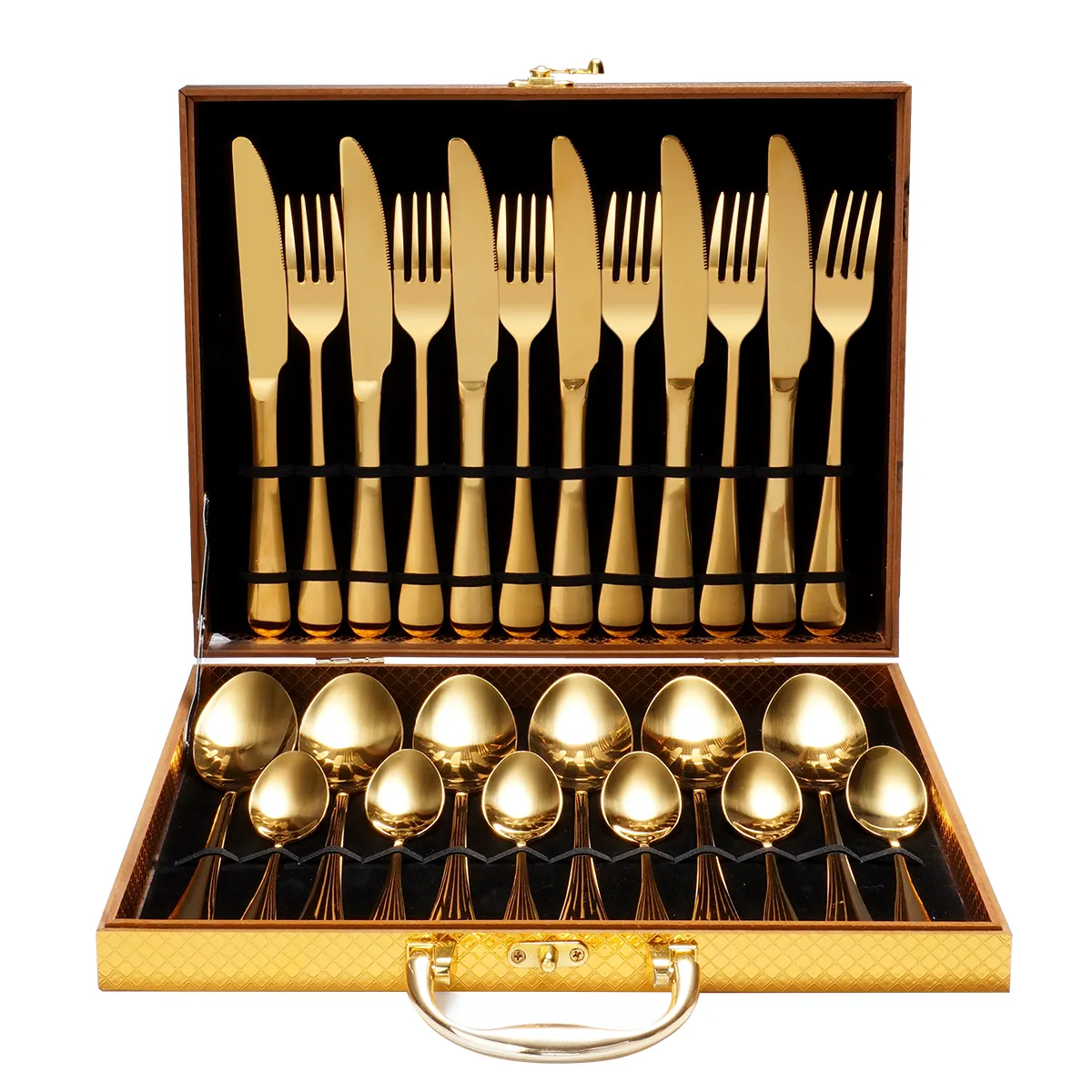 卸売ゴールド食器24個銀器木製ボックス真鍮ブラックナイフスプーンフォークステンレス鋼カトラリーセット