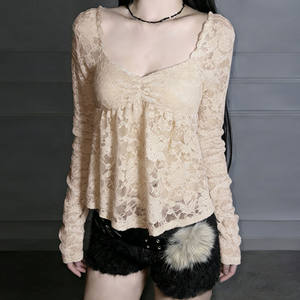 เสื้อยืดแขนยาวลูกไม้คอเหลี่ยมสไตล์ Pure Desire ดีไซน์บราในตัว เสื้อซับในทรงเข้ารูปเซ็กซี่ - Product Image 5