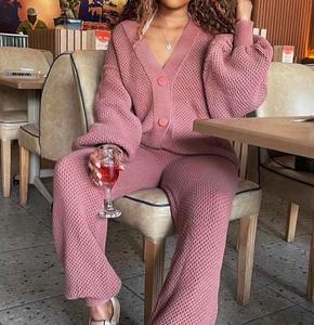 Viviblook Z1230ST06 Ensemble deux pièces pour femmes, tricot décontracté, pull décontracté, cardigan ample à col en V, haut, pantalon, taille plus - Product Image 2