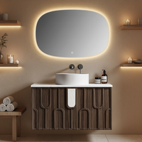 Meuble-lavabo flottant moderne en bois de noyer sculpté avec miroir ovale rétroéclairé par LED
