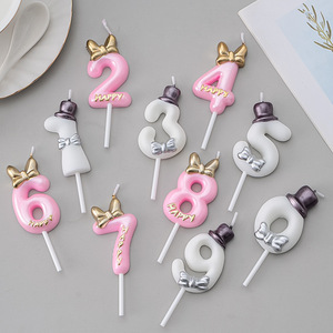 男孩和女孩蝴蝶结数字蜡烛儿童婴儿一岁生日派对蛋糕装饰彩色蜡烛蛋糕礼帽 - Product Image 3