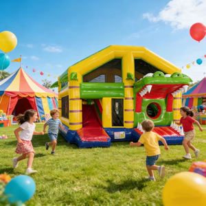 Structure gonflable Hualong Green Crocodile avec deux toboggans et jeux interactifs pour événements festifs - Product Image 1