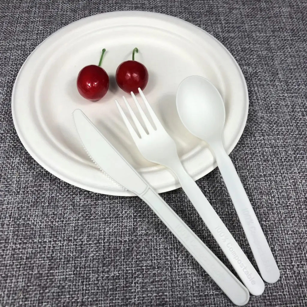 G16 15% off teste 7 polegadas biodegradáveis PLA CPLA plástico preto sopa sorvete de chá colher garfo faca garfo talheres conjunto
