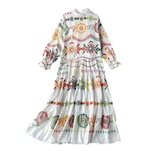 Custom Spring 2023 Luxury Elegant Women 100% Cotton Ruffle Bud Casual Vintage Embroidery Long Sleeve Boho Long Dress