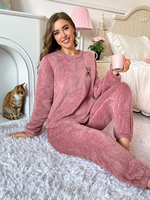 Pyjama thermique d'hiver en flanelle pour femme, 100 % polyester, 220 g, uni, col lisse, manches longues, longueur intégrale, cordon de serrage, vacances, ODM