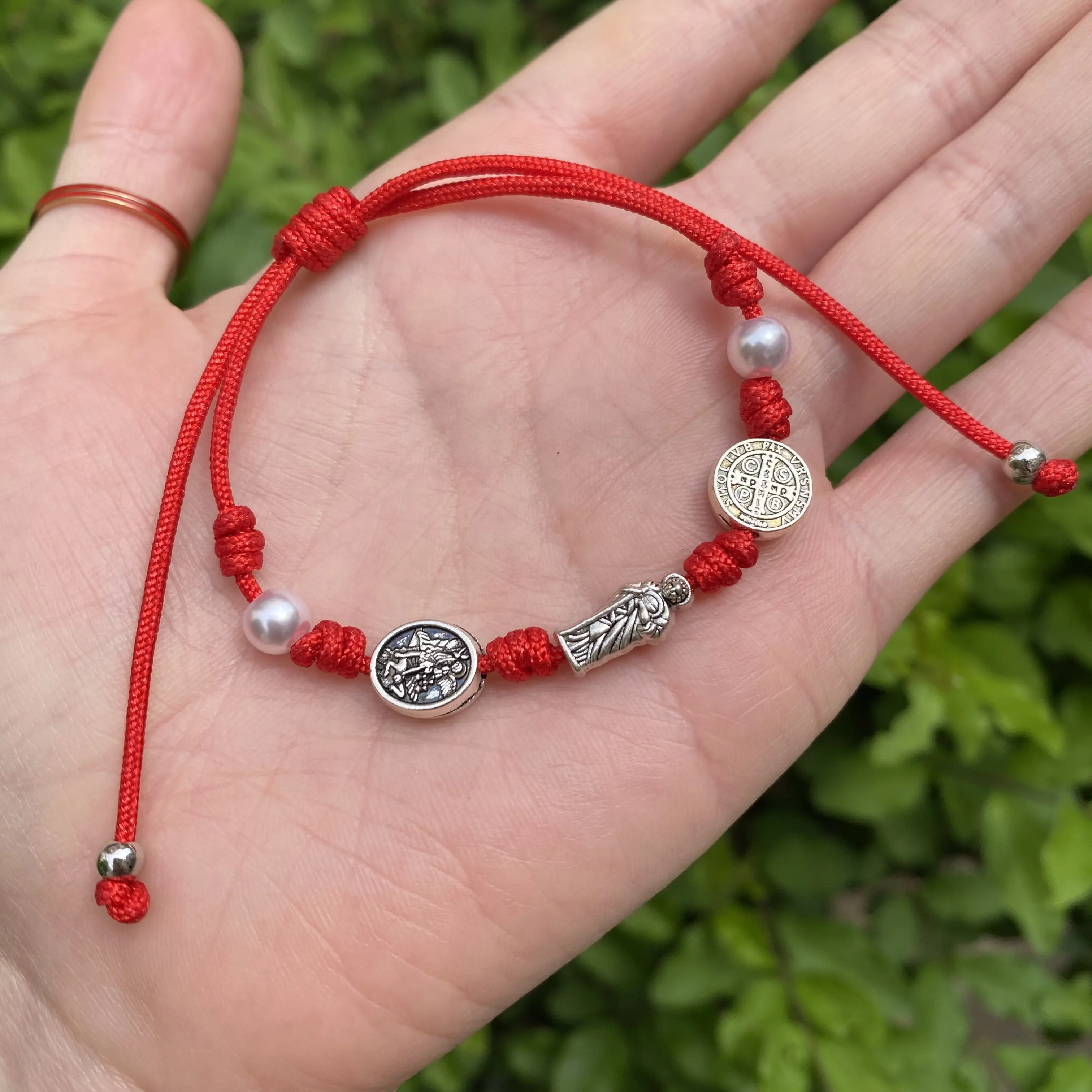 Red Knots Bracelet Babies Protection Jewelry St. Benedict Micheal St.Jude Silver Pearl Braid Baby Bracelet Newborns
