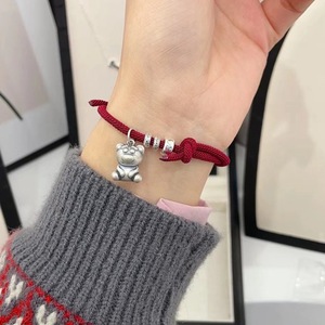 999 Pure Silver Teddy Bear Red <b>Rope</b> <b>Bracelet</b> Unisex Gift Jewelry - Product Image 1