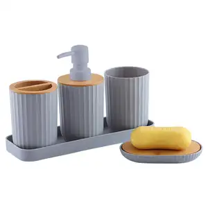 6 개 크림 컬러 대리석 목욕 액세서리 칫솔 변기 브러시 홀더 비누 접시 펌프 용기 및 트레이
