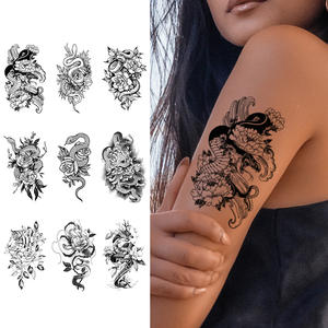 1 jeu <span class=keywords><strong>de</strong></span> 9 pièces <span class=keywords><strong>tatouages</strong></span> temporaires autocollant noir motif magnifique et artistique fleur <span class=keywords><strong>de</strong></span> serpent tatouage imperméable pour visage bras jambe - Product Image 1