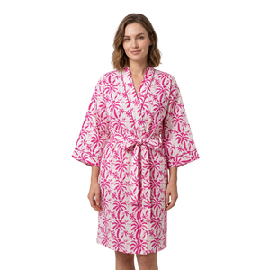 Peignoir de Douche Léger en Coton pour Femme, Col en V, Fermeture à Ceinture, Imprimé Arbre et Motifs Floraux, Toutes Saisons, Respirant, Écologique, Parfait - Product Image 1