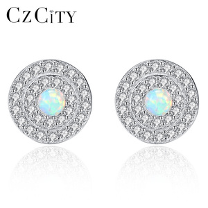 CZCITY 925 Sterling Silver Tiny CZ Paved Halo Round <strong>Opal</strong> <strong>Earrings</strong> for Women <strong>Opal</strong> Jewelry Cute Ear Rings - Product Image 1