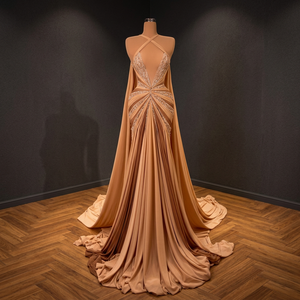 Robe de soirée en satin bleu royal avec manches classiques et motif, longueur cheville - Product Image 2