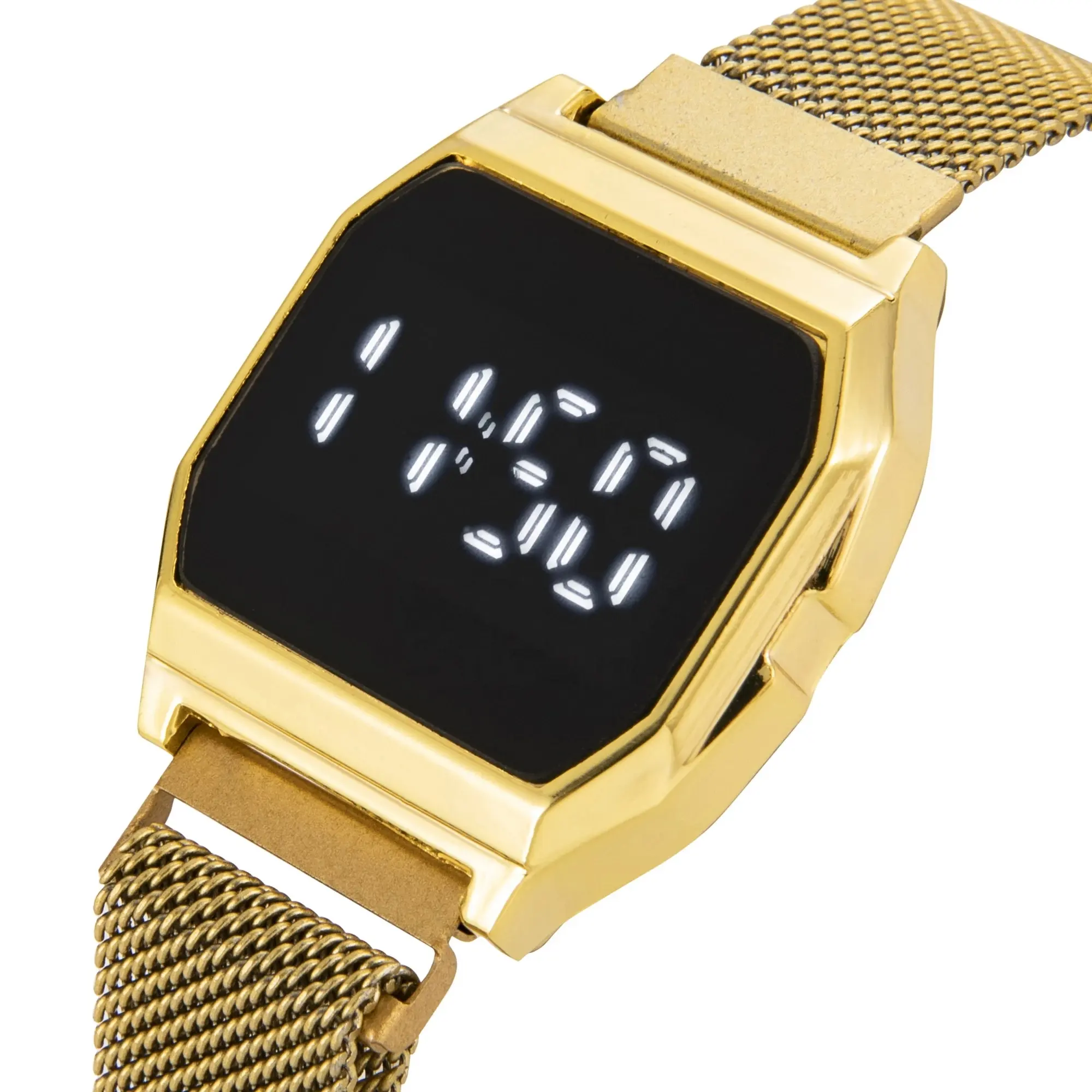 Лидер продаж, модный золотистый сетчатый Браслет, женские наручные часы с магнитным ремешком, Роскошные светодиодные цифровые электронные часы