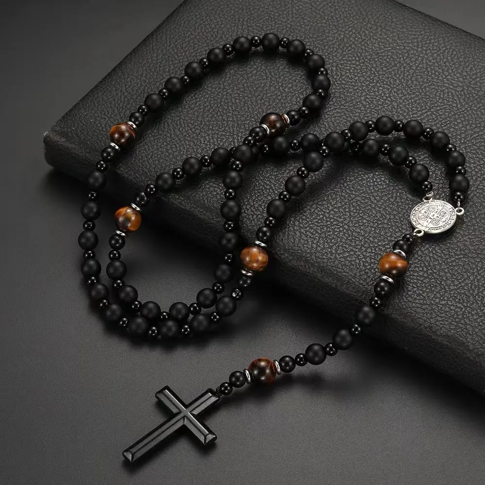Soporte personalizado de piedra natural católica Cristo Rosario collares con hematita Cruz colgante collar