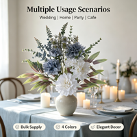 Bouquet de fleurs artificielles personnalisées en dahlia blanc et bleu pour la décoration de la maison, Noël, mariage, arrangement floral élégant