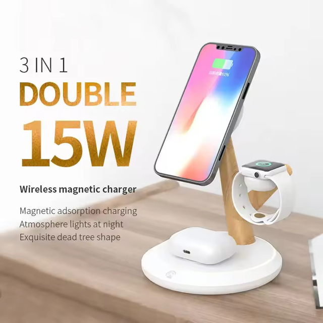 2026 New Wooden Tree Branch 3-in-1 Magnetic Wireless Charging Stand Multifunctional 15W Fast Charging Station PC Microphone