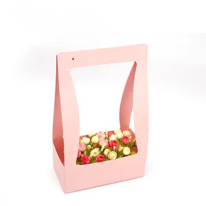 Grosir kertas bunga tas Tote kotak bunga kemasan tas jinjing kotak kemasan bunga dengan pegangan
