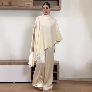Completo Elegante Satinato Stile Europeo e Americano per Donna, Top a Maniche Lunghe Irregolare e Pantaloni a Gamba Larga, Abito Modesto Musulmano per Business Casual - Product Image 1