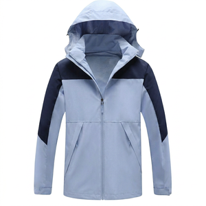 Chaqueta con capucha a prueba de viento para adultos con gorro desmontable y logotipo en la manga, color azul claro y azul marino, cierre de cremallera en toda la manga. - Product Image 1