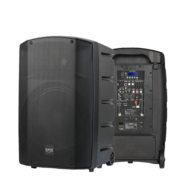 DASN DNC12AE 12 Inch 320W MP3 Professional Active Plastic Portable Battery PA Speaker with Wireless Microphone Wheels Tie Rod