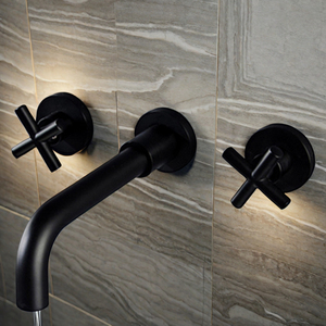 Robinet de lavabo mural HGAO moderne et contemporain, monocommande, style croisé, en laiton, monotrou, noir mat, céramique, <span class=keywords><strong>eau</strong></span> chaude/froide - Product Image 2
