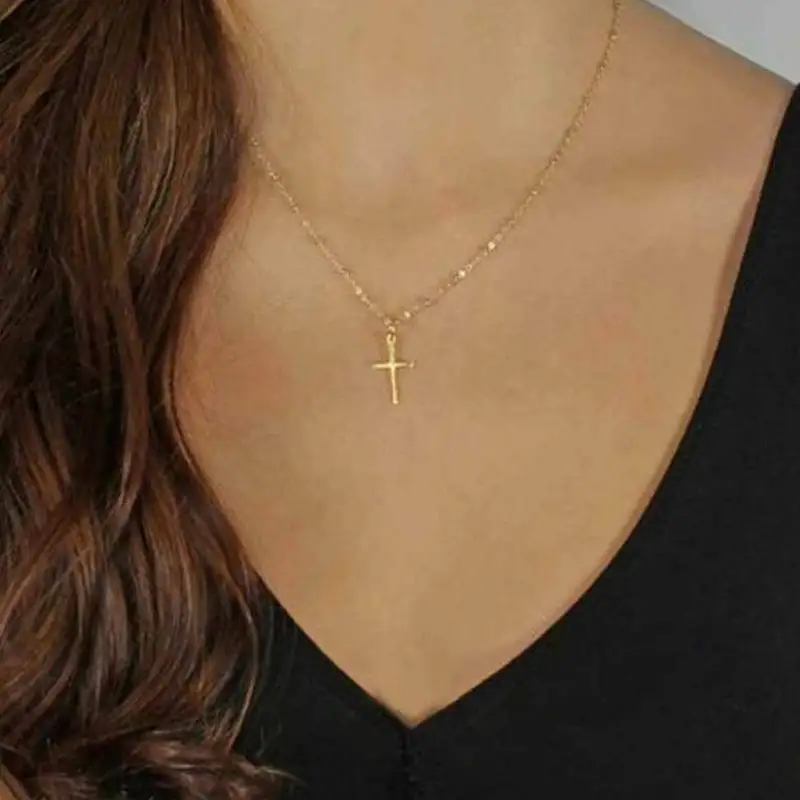 Simple Religious Jewelry Cross Pendant Necklace Gold Plated Copper Bead Chain Cross Women Necklace