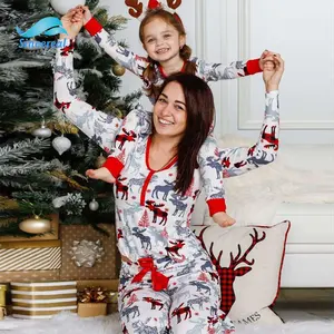 Детские пижамы на заказ из 100% хлопка с рождественским принтом для родителей и детей, пижамный комплект в клетку с пуговицами в виде оленя