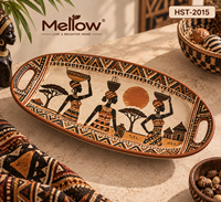 Plat tribal en céramique Safari OEM, émaillé aux tons terreux, avec poignée ovale en bois d'acacia, motif femmes du village africain, pour l'importation africaine