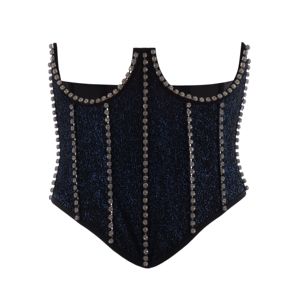 Custom Navy Blue Body Shaping Underwear Glitter Corset Top Crown Rhinestone Bustier <b>Waist</b> <b>Cincher</b> Women Rave Clubwear OEM - Product Image 1