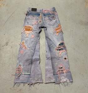 남자의 빈티지 고딕 스트리트 패션 청바지 맞춤 의류 제작 브랜드 눈물 패치 프린지 느슨한 남자 친구 맞춤 - Product Image 3